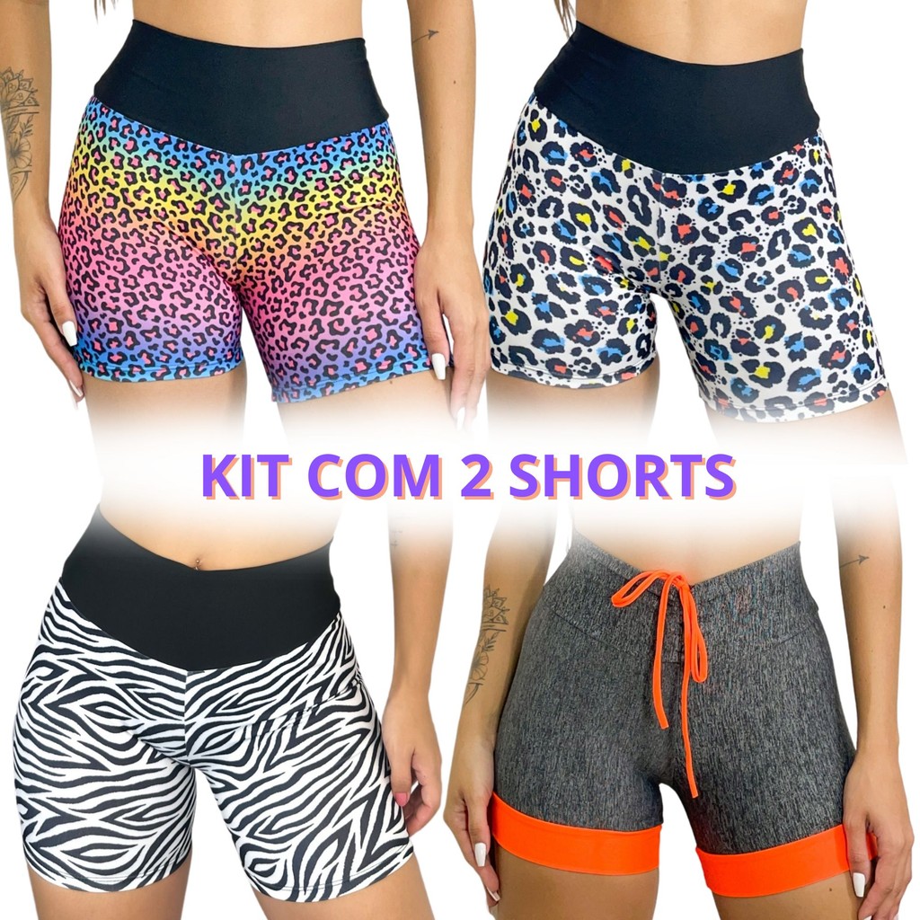kit com 2 Short Fitness academia malhação Cós Alto estampado suplex