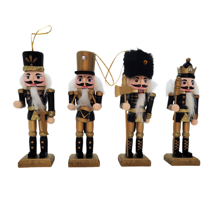 Conjunto Boneco Soldado Quebra Nozes de Madeira - 12cm - Preto e Dourado - 4 unidades - Rizzo - Home & Living
