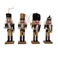 Conjunto Boneco Soldado Quebra Nozes de Madeira - 12cm - Preto e Dourado - 4 unidades - Rizzo