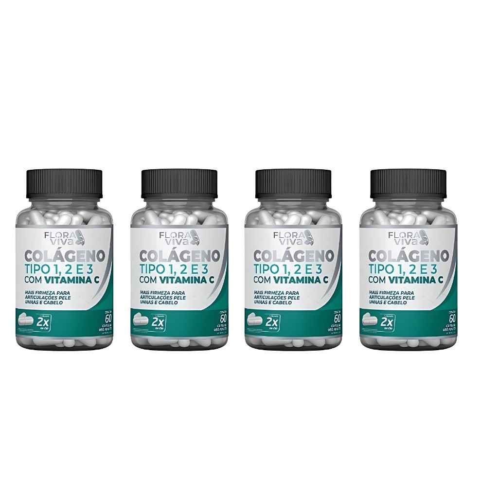4 POTES Colágeno Tipo 1, 2 e 3 com Vitamina C 60cps - Flora Viva
