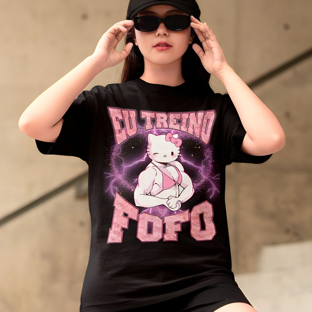 Camiseta Feminina Eu Treino Fofo Hello Kit Maromba Academia Blusão Premium em Oferta na Shopee