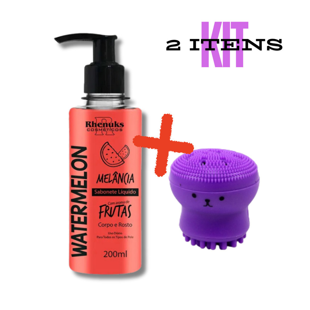 Kit SABONETE LIQUIDO MELANCIA FACIAL E CORPORAL 200 ml RHENUKS + 1 Esponja Limpeza Para Rosto Polvo Esfoliante