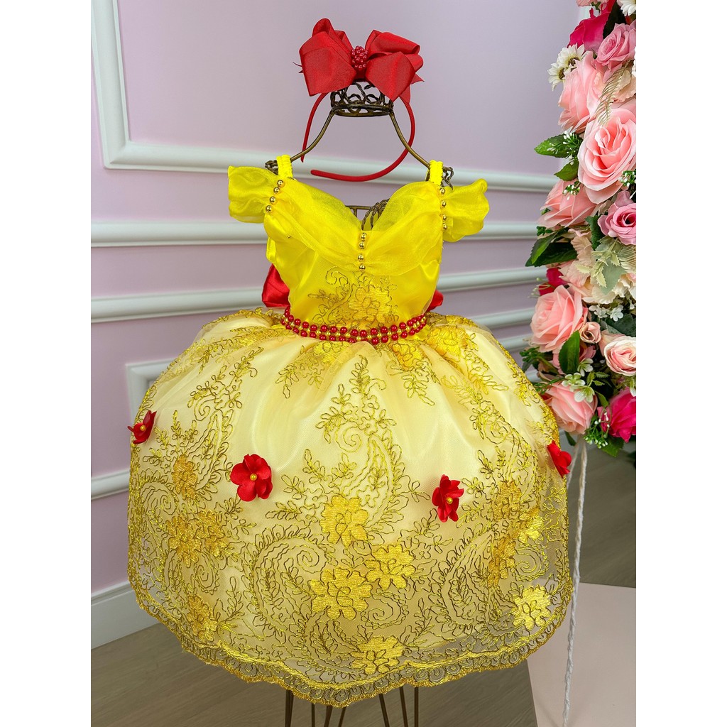 Vestido Princesa Amarelo Tematico Luxo Princesa com Luva de Brinde