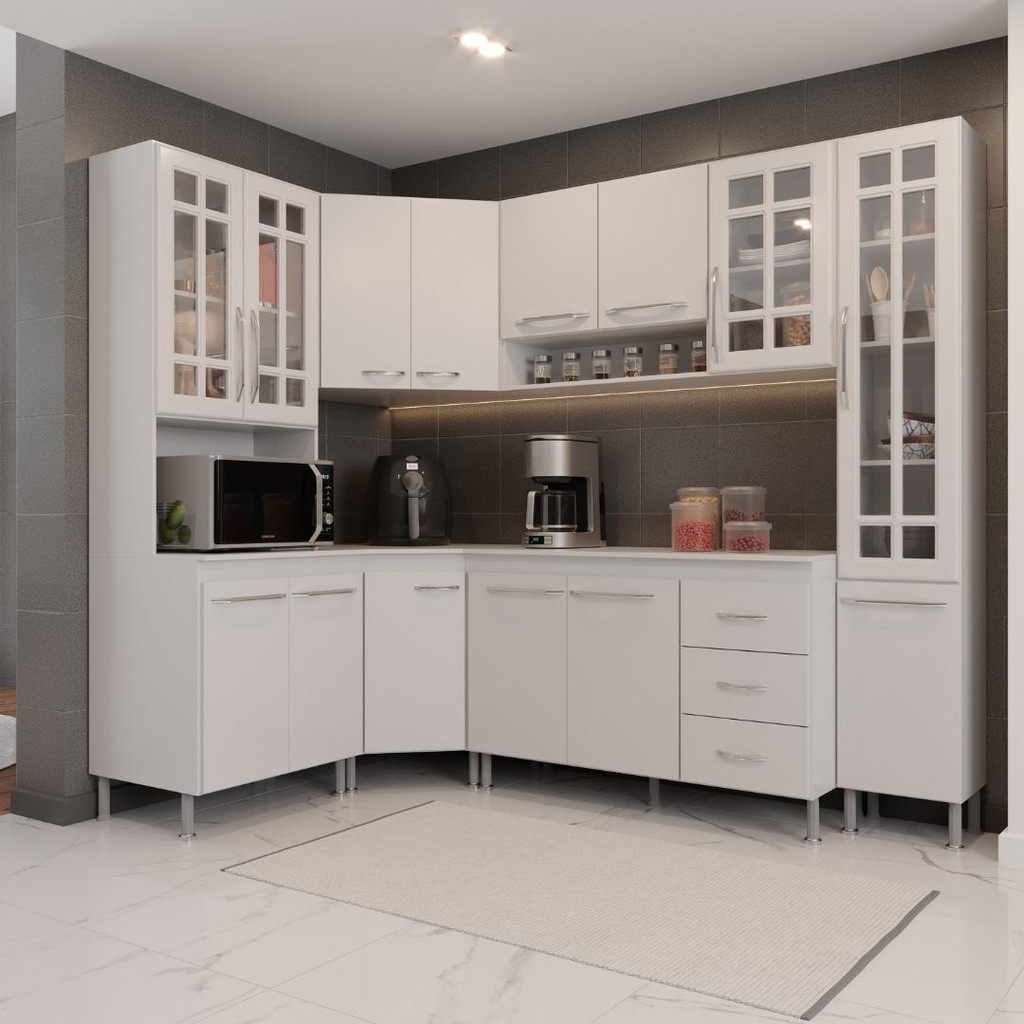 Cozinha Modulada Completa Fidelitá Viena 6 Peças 375cm 14 Portas 3 Gavetas Com Tampo Branco - Home & Living