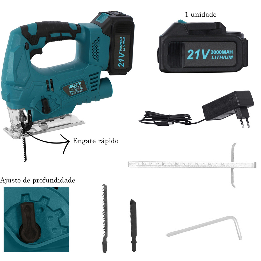 Serra Tico A Bateria 21v Portátil Engate Rápido 3000rpm 65mm Tssaper + Lâminas