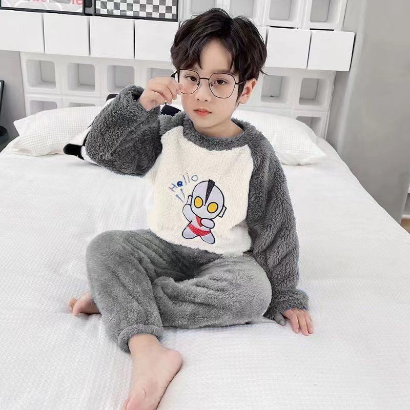 - Pijama Masculino De Inverno Infantil Menino Flanela Grossa Manga Comprida Quente 2 Peças Terno Do Miúdo 3-1