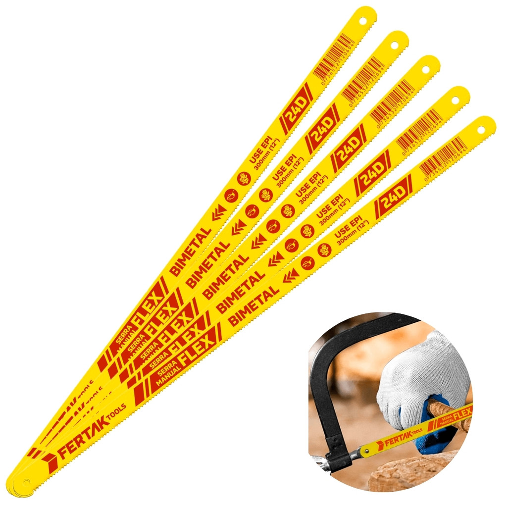 Kit 15 Lâminas Arco de Serra 24 Dentes 12" Bimetal Flexível Inquebrável Acabamento Fino Metal Chapa Obra