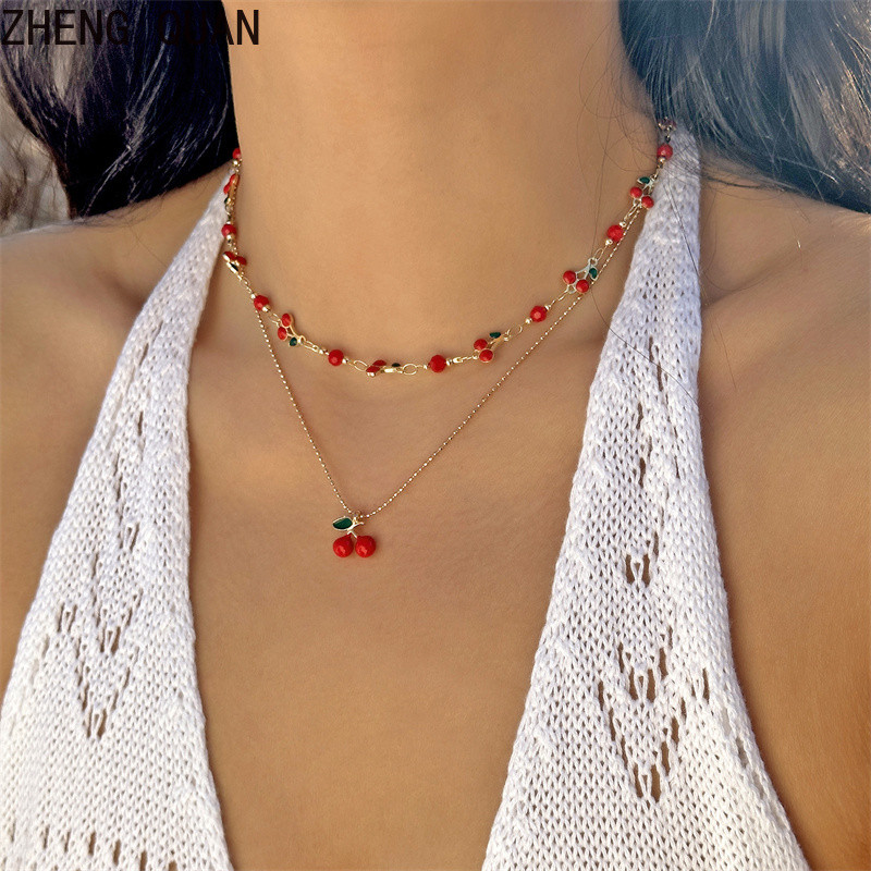 2 Pçs Moda Vermelho Cereja Cristal Colar Conjunto Y2K Doce Amor Pingente Colares Jóias Para Presente Do Feriado Feminino