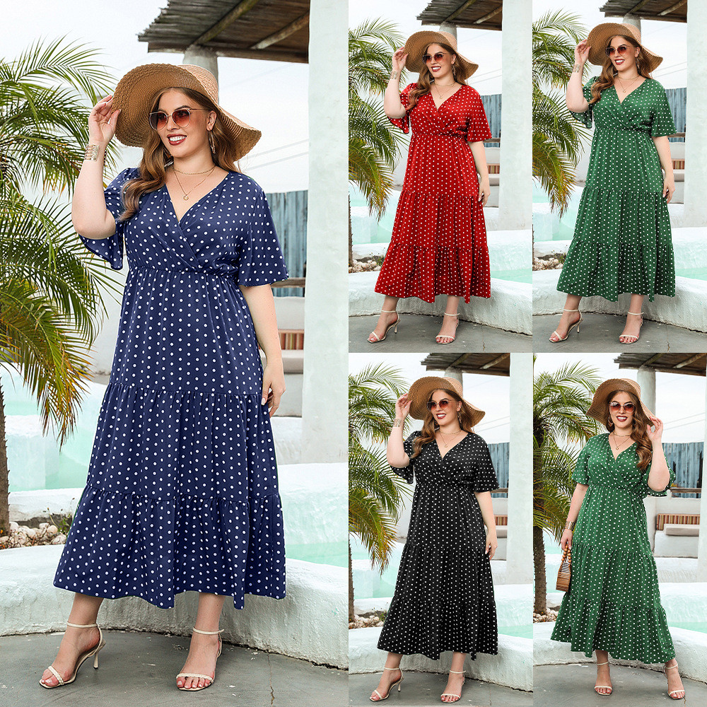 Verão 2025 Novo Plus Size Feminino Bolinhas Casual Resort Vestido Com Decote Em V Elegante Maxi FJTPD6382 250702