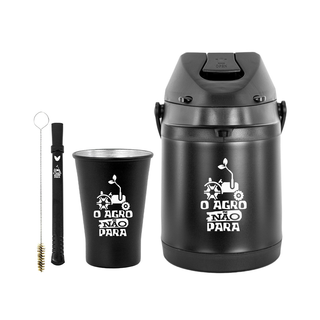 Kit Tereré Garrafa Preta Térmica 2.5l Bomba Chacal Preta Copo Alumínio Preto 280ml