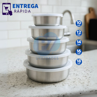 Jogo 5 Tigelas Inox Com Tampa Potes Redondos 285ml a 1430ml Kit Pote Hermético Cozinha em Oferta na Shopee