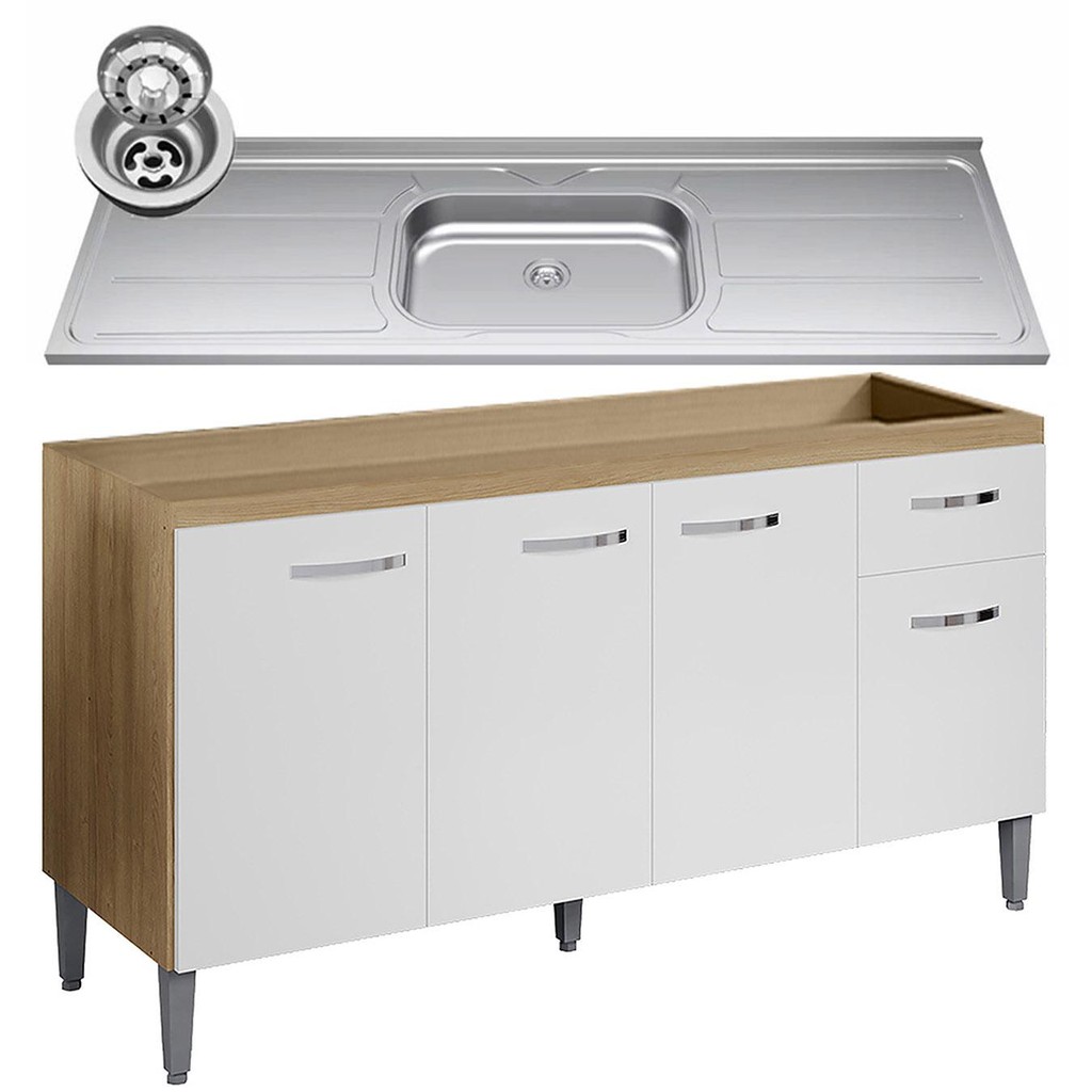 Balcão de Cozinha com Pia Inox 150cm Gabriela Amêndoa/Branco - AJL Móveis em Oferta na Shopee