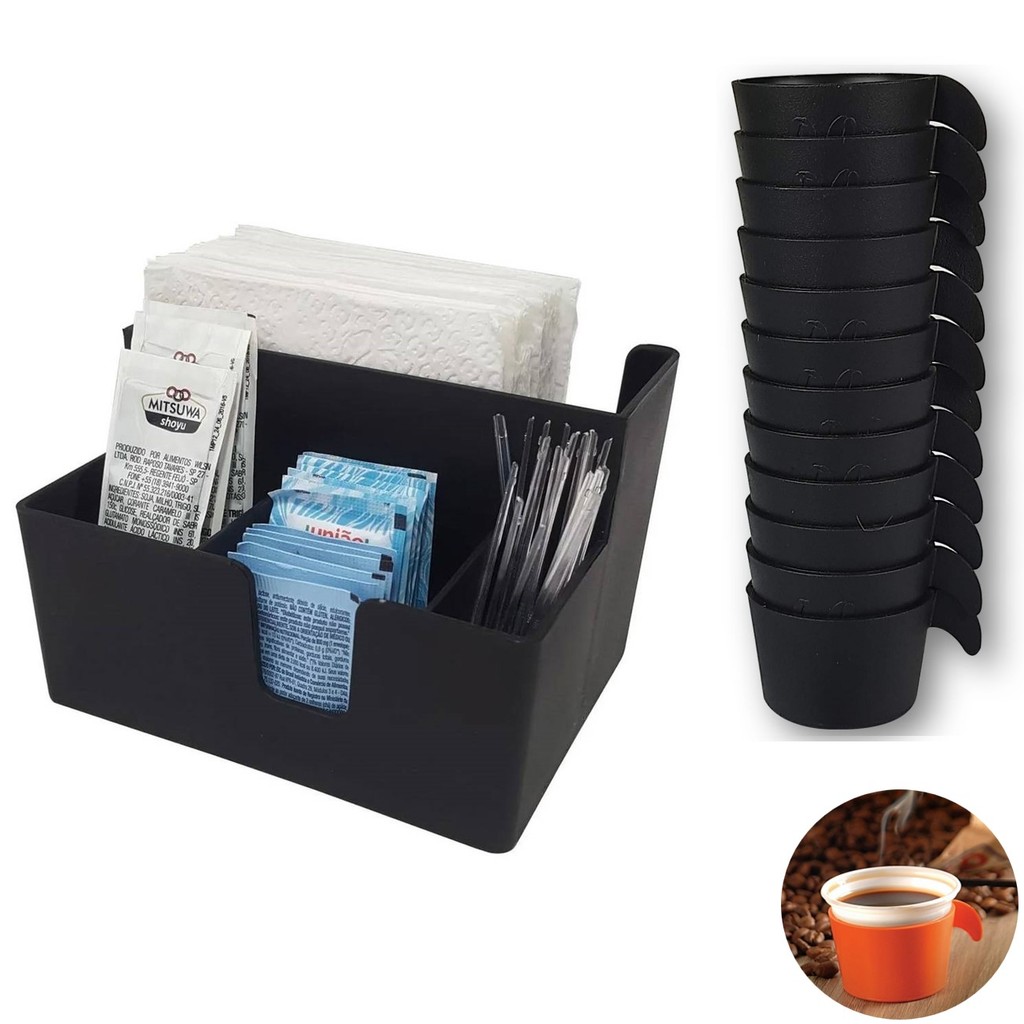 Organizador Sachês De Mesa Guardanapos Mexedor Açúcar E 12 Porta Copos Descartável 50/80ml Preto - Coza