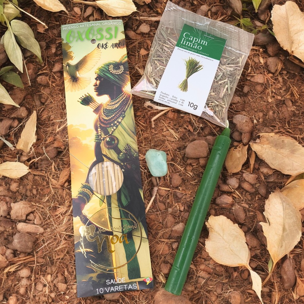 Kit Orixá Oxóssi com Incenso, Vela, Erva e Cristal
