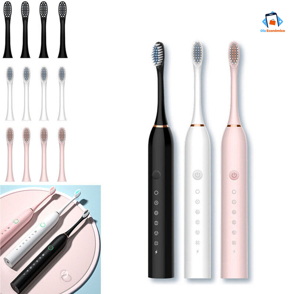 Escova Elétrica IPX7 com 4 Cabeças Substituíveis Inteligente Ultrassônica à Prova D'água em Oferta na Shopee