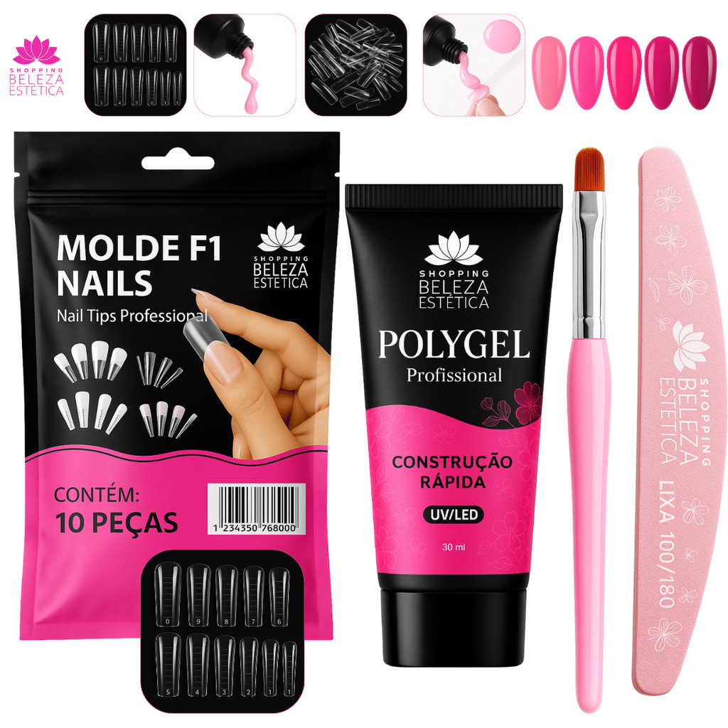 Kit Polygel Poligel Gel Construtor Molde F1 Lixa Curva Pincel Profissional Alongamento Unha Rápido e Prático
