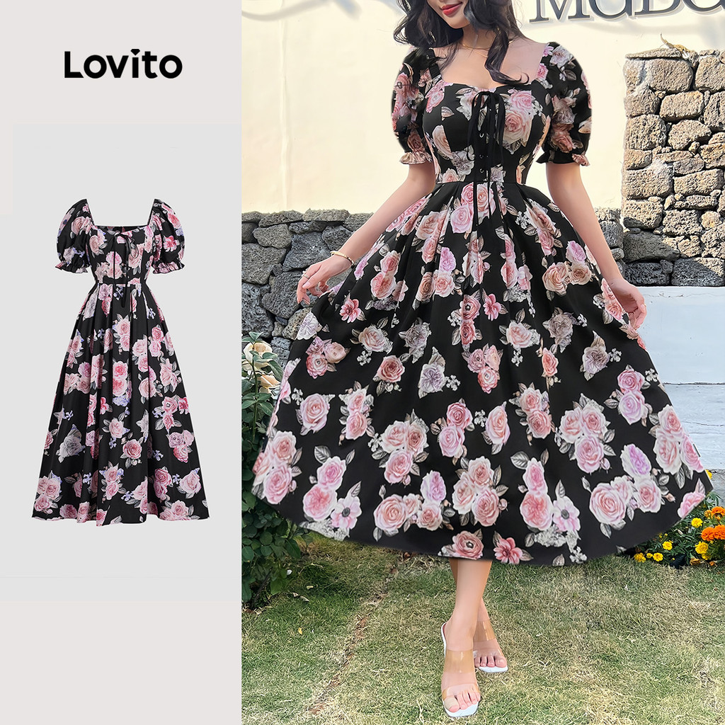 Lovito -  Vestido Boho com Linha de Estrutura Amarra Na Frente Toque Suave Vestido de primavera/verão LBL26107 em Oferta na Shopee