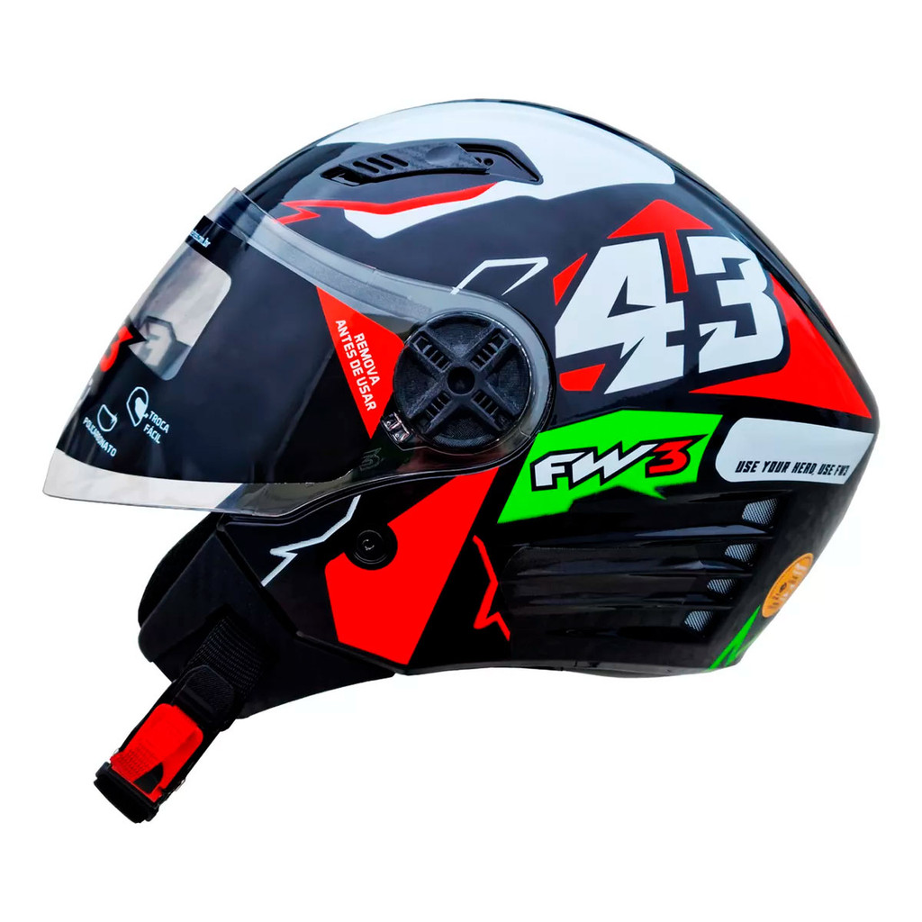 Capacete Moto Aberto Fw3 X Open Up 43 Tam56 Viseira Cristal Óculos Interno Fumê ABS Vermelho e Verde