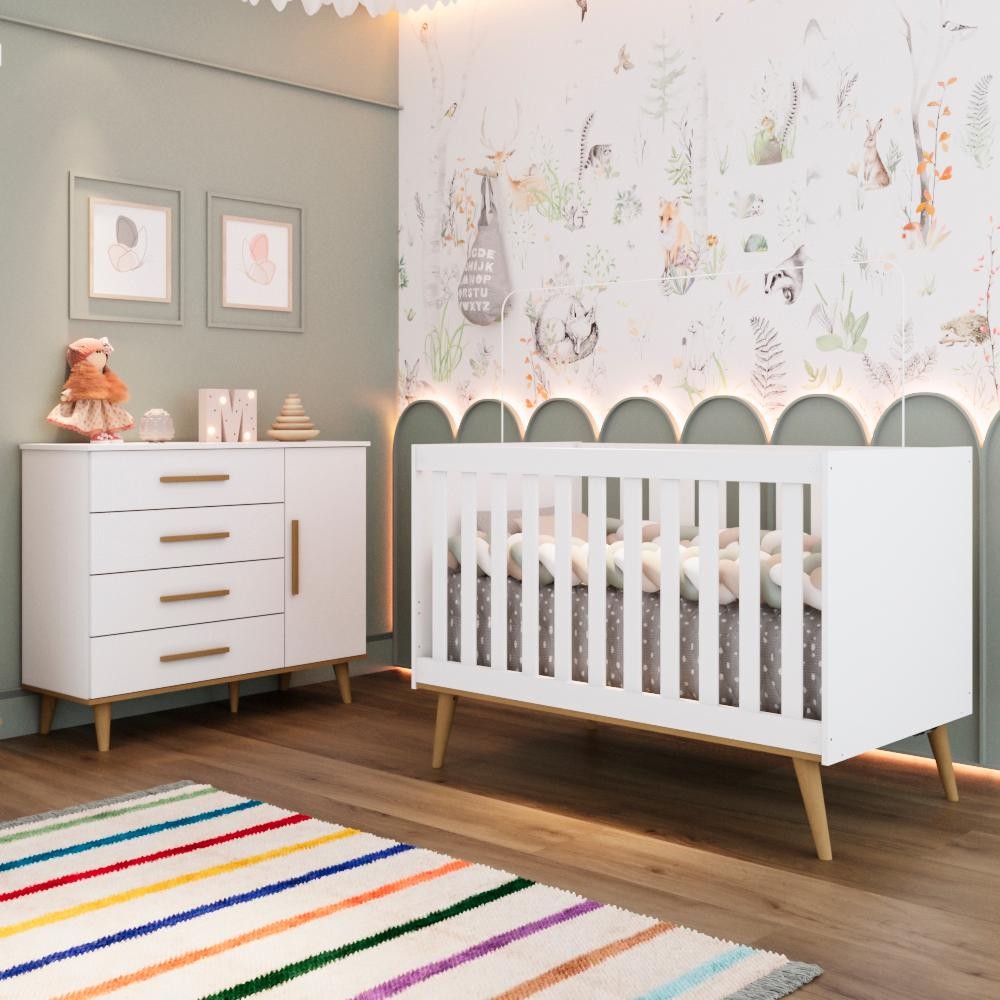Quarto Bebê Retrô Completo Ludmila Berço Americano 3Em1 Cômoda 4 Gavetas 1 Porta 100% MDF