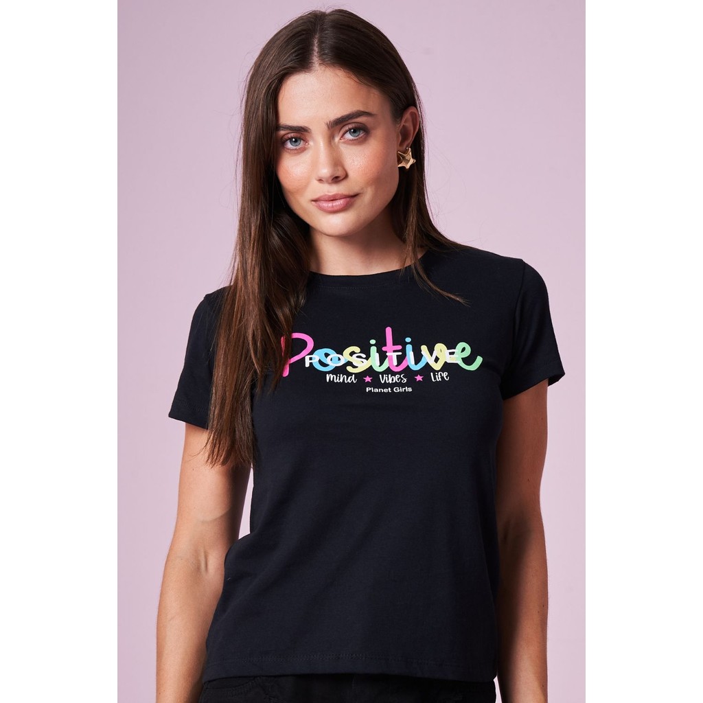 Camiseta Feminina Estampa Positive Planet Girls Preto - Women Clothes