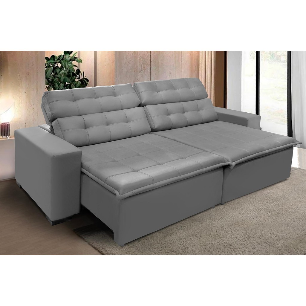 Sofá Retrátil e Reclinável 2,10m Suede Cinza Magno