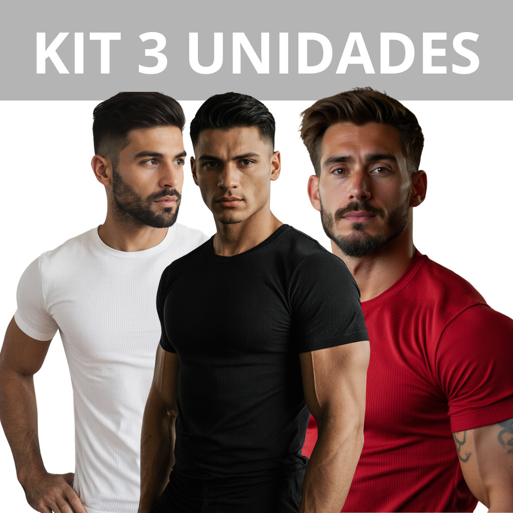 Kit com 3 camisetas canelada masculina estilo americano gringa slim fit ribana academia
