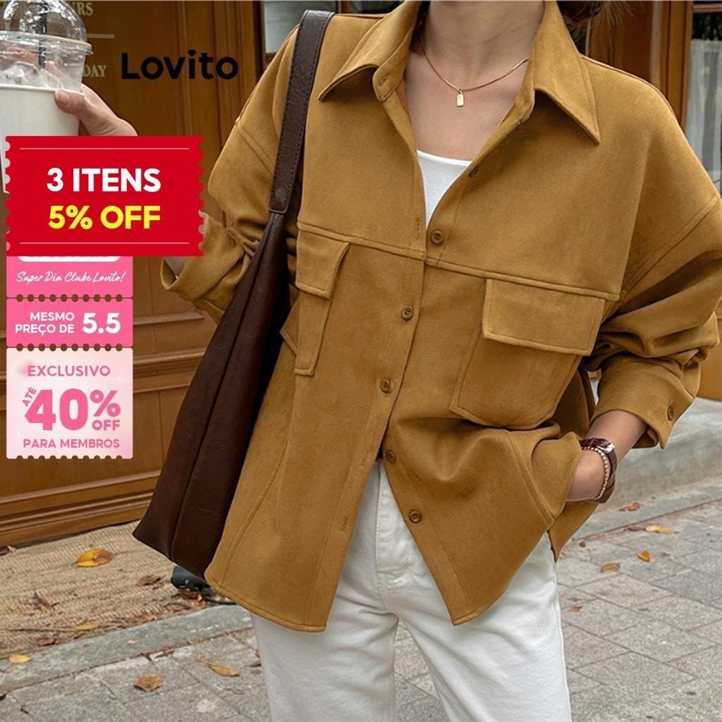 (Trendy) Lovito Jaqueta casual com bolso simples para mulheres L117AD103 - Women Clothes