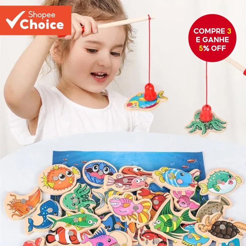 15/31PCs Jogo de Pesca Magnético de Madeira para Crianças, Brinquedos Montessori Interativ...