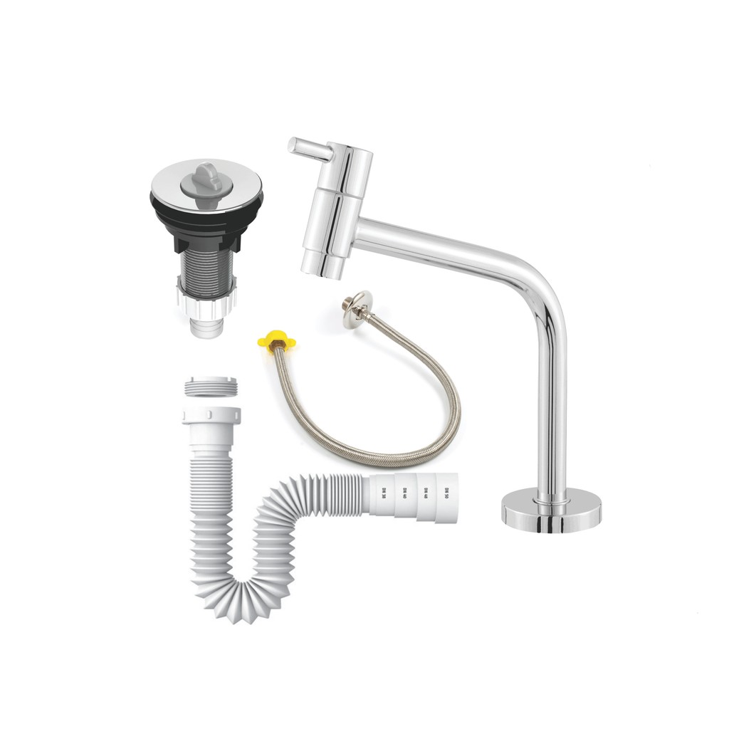 Kit Torneira Link Metal Para Lavatório Cromada + Sifão Universal + Engate 60cm + Válvula Cromada