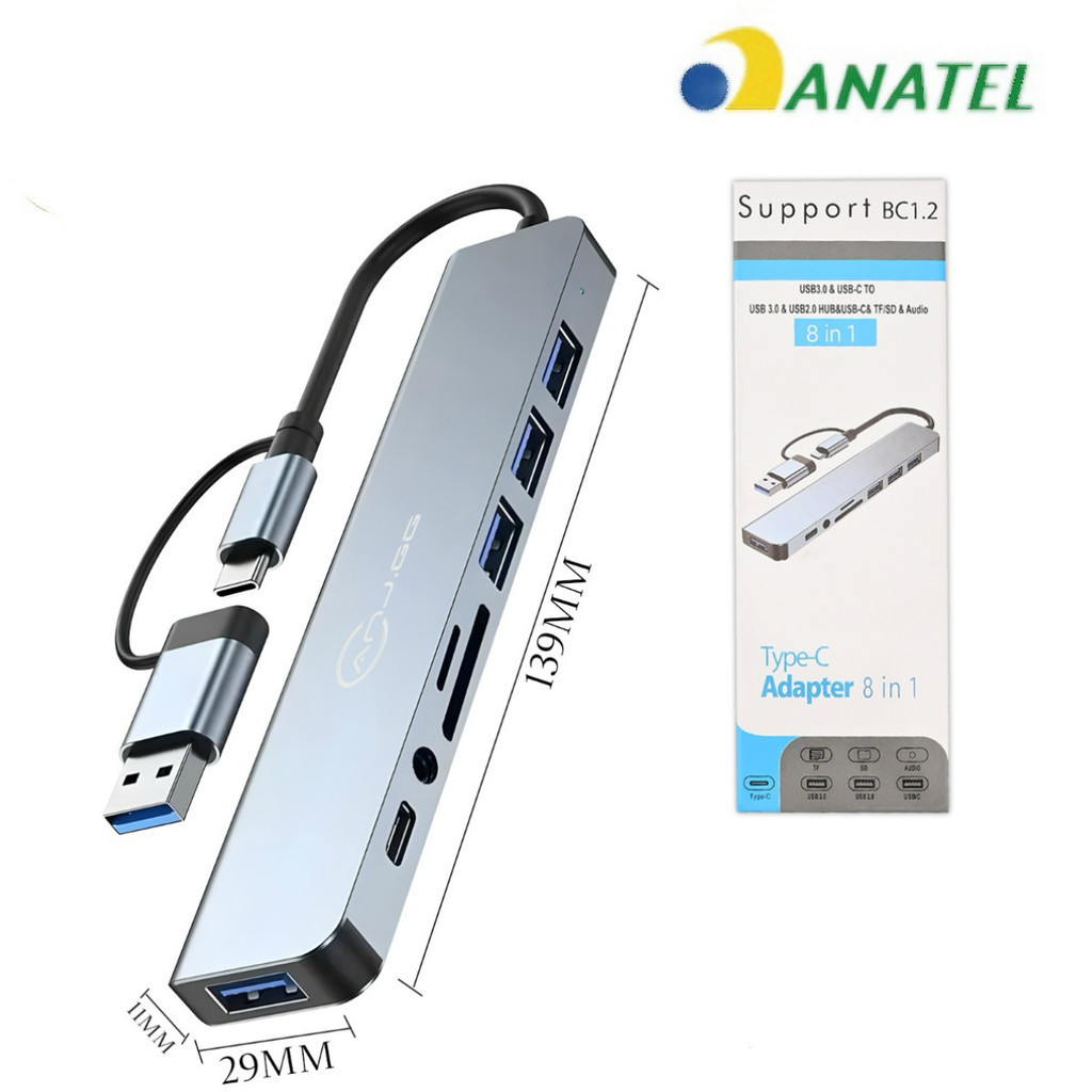 Hub USB-C 8 em 1 HDMI 4K RJ45 USB 3.0 SD TF PD 100W Adaptador Notebook MacBook Celular