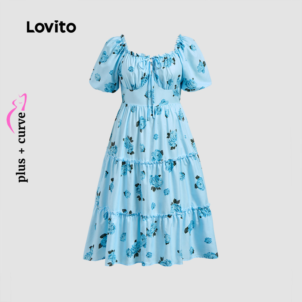 (Trendy) Lovito Vestido Plus Size curva Boho borboleta com cadarço para mulheres LBL24509 - Women Clothes