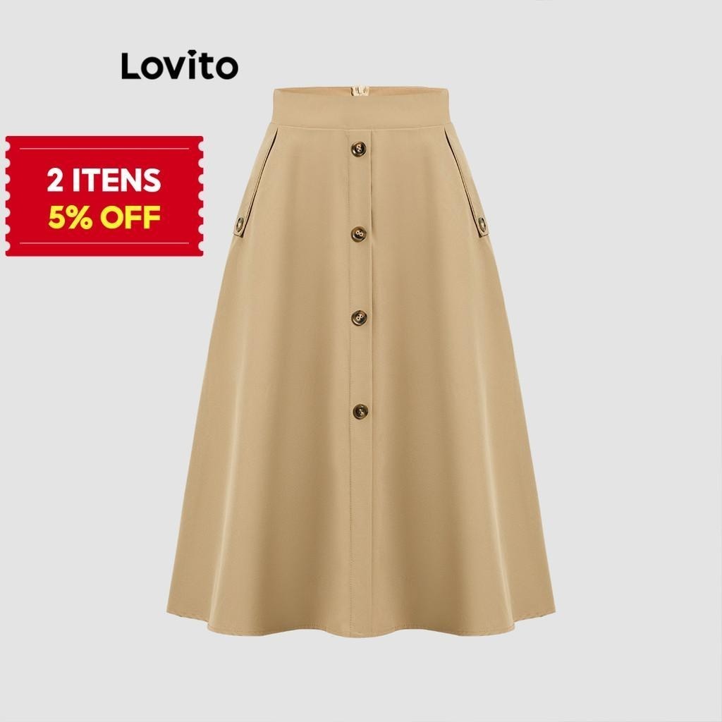 (Trendy) Lovito Saias Elegantes Com Botões Lisos Para Mulheres L112ED343 em Oferta na Shopee
