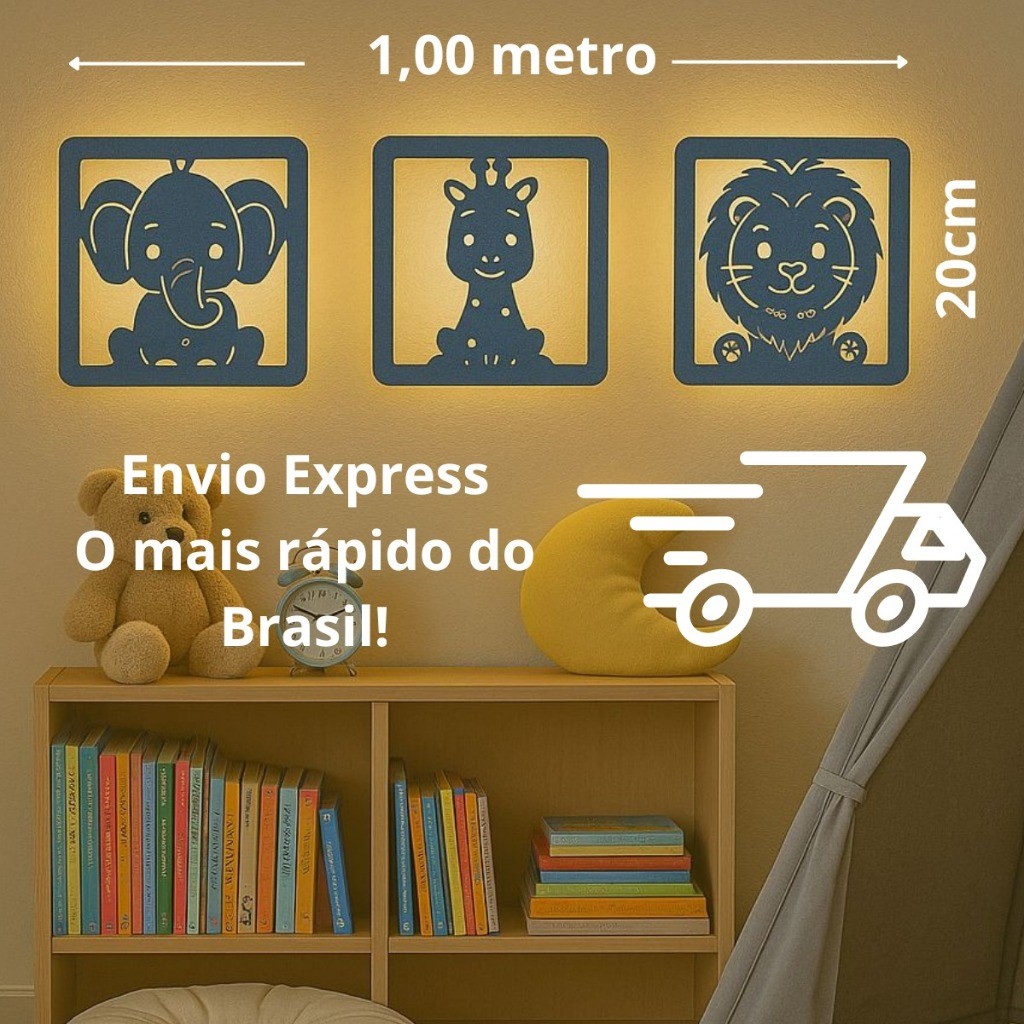 Kit 3 Luminária Led Infantil Safari Parede Luz Noturna Quarto