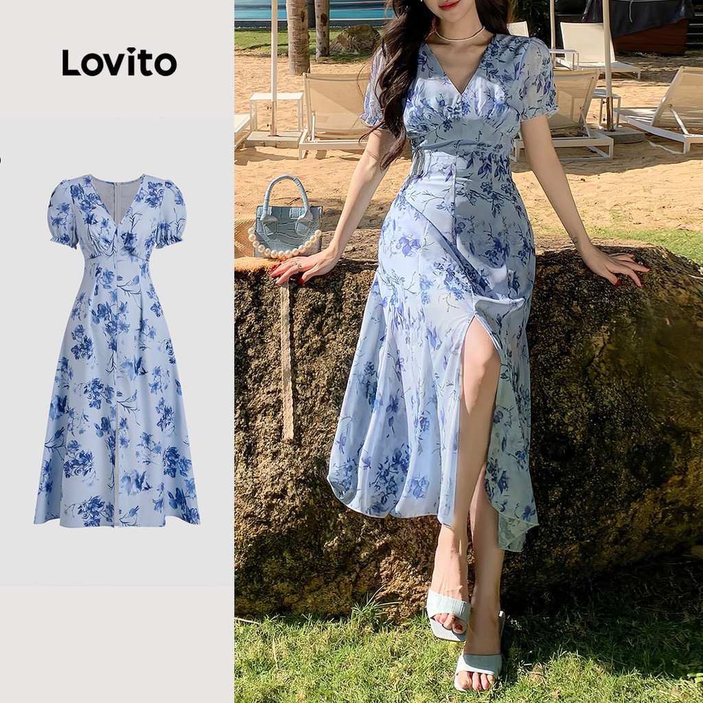 Lovito Vestido Elegante com Recorte Frontal Boa Textura Primavera/verão Vestido Azul LBL26328 - Women Clothes