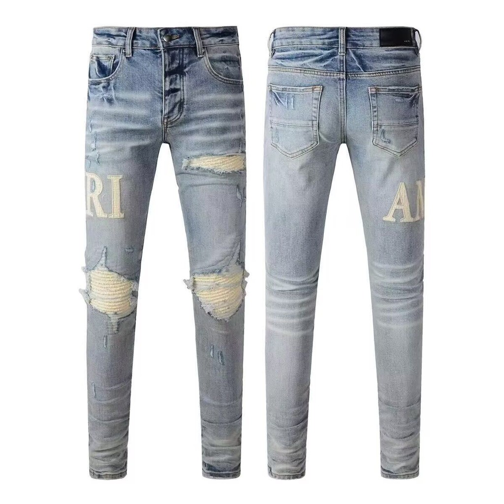 American High Street Street Wear Jeans AM Slim-fit Rasgado Stretch Patchwork Couro Patch Calças Bordadas Calças Skinny