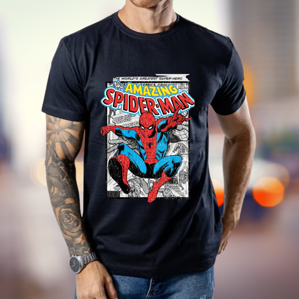 Camiseta Masculina Estampada Spider Man Homem Aranha Super Heroi Camisa Algodão Preta Branca Cinza