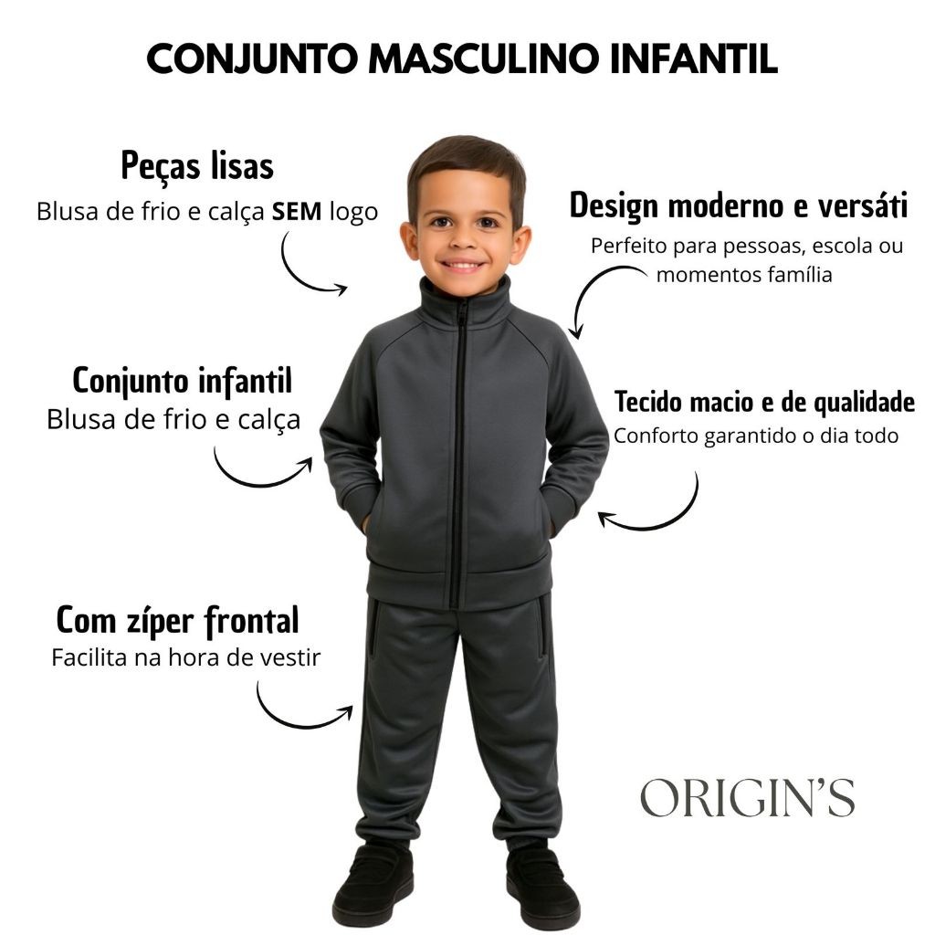 Conjunto Infantil Masculino Liso Com Bolsos Ziper Unisex Slim Fit Em Promoção em Oferta na Shopee