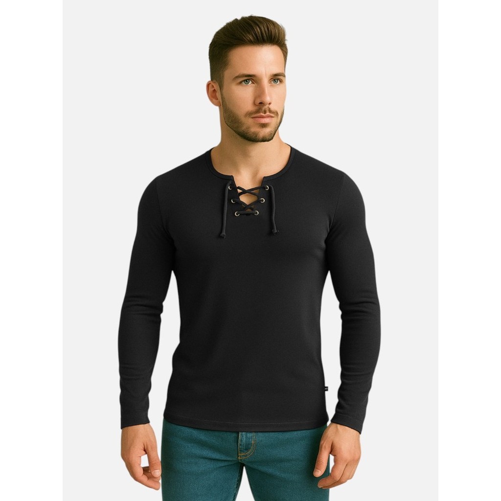 Camisa Bata Masculina Ilhos Slim Camiseta Viscose Elastano Confortável Casual Viscolycra Manga Longa