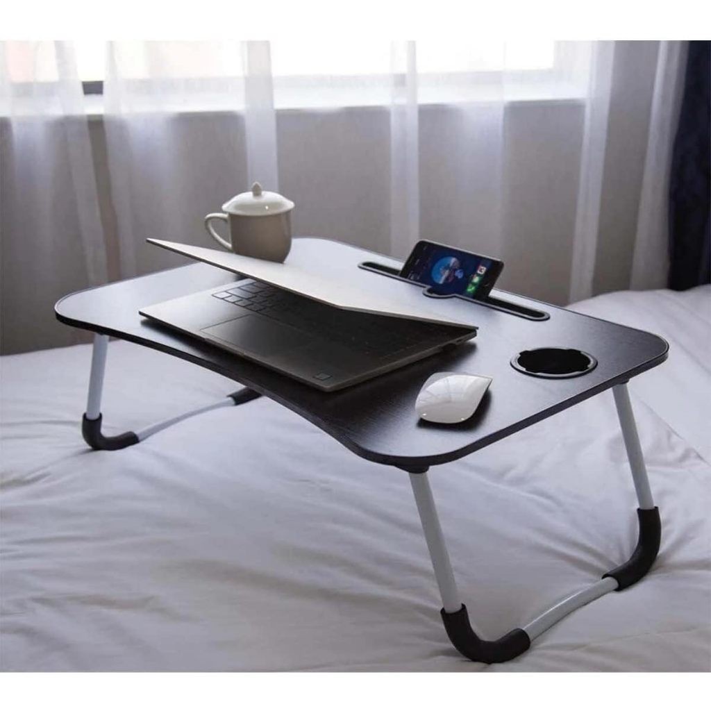Mesa Portátil Ajustável para Notebook, com Suporte Dobrável e Porta Copos Multifuncional e Compacta