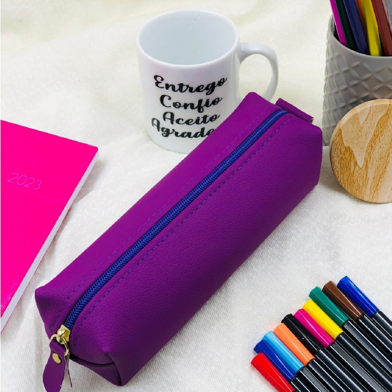 Estojo Couro 1 Divisória Escolar  Liso Vários Modelos Multiuso Universal e Cores Organizador universal em Oferta na Shopee