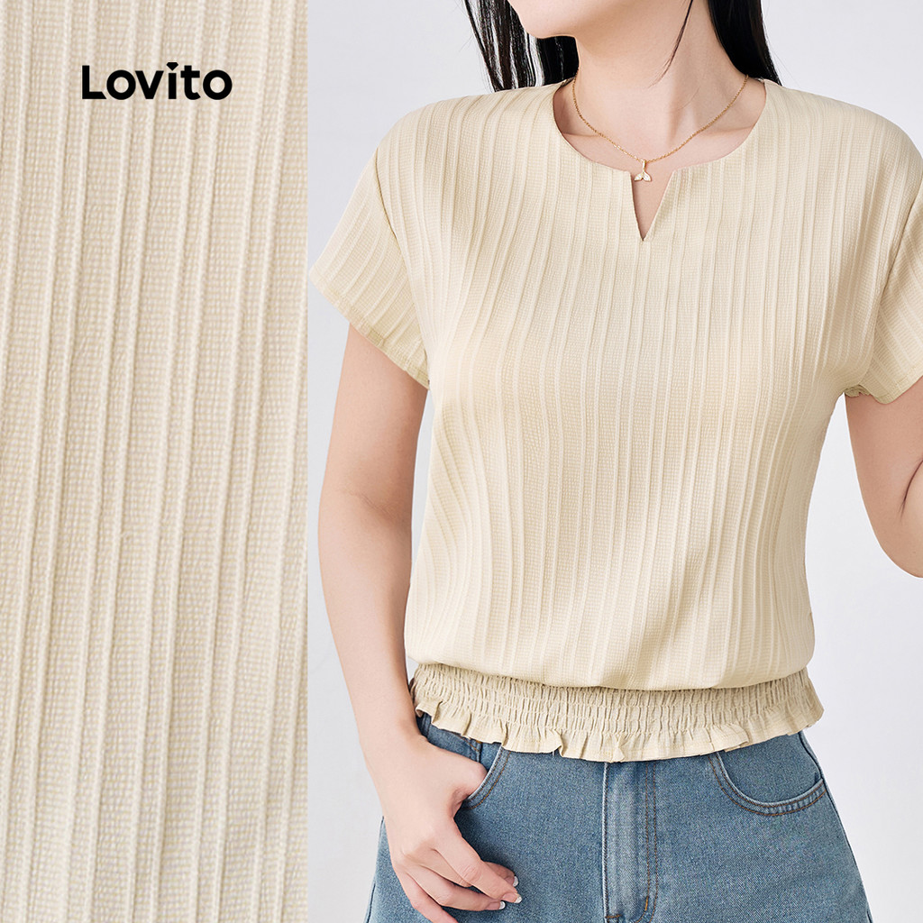 (New) Lovito Blusa Casual com Franzido Primavera/verão Blusa Cáqui para mulheres L142ED932 em Oferta na Shopee