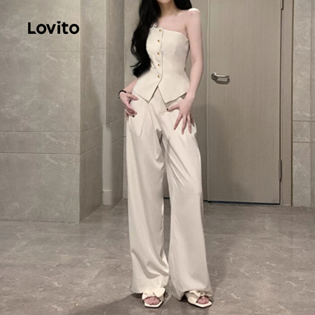 Detalhes do Lovito Conjunto Feminino Casual com Zíper e Pregas Calça Primavera/Verão Damasco L138ED185