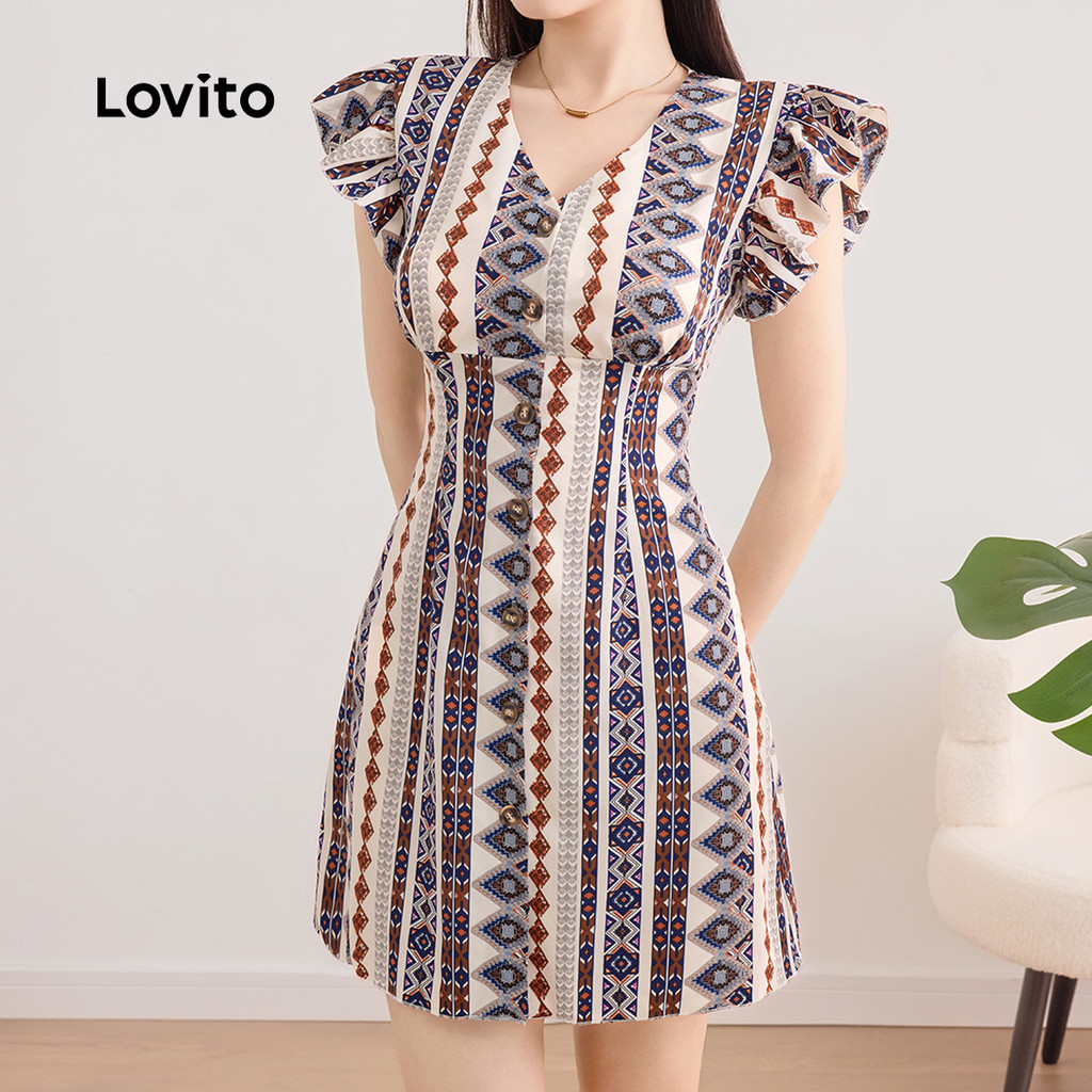 Detalhes do Lovito Vestido Casual Drapeado com Babado Primavera/Verão Feminino L243AD598