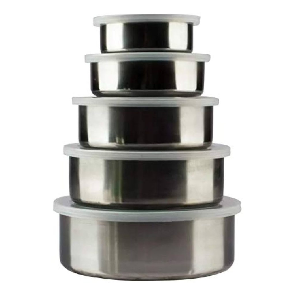 Conjunto Com 5 Potes Redondos De Inox Para Alimentos Com Tampa Jogo De Tigelas Em Inox 5 Peças Wincy