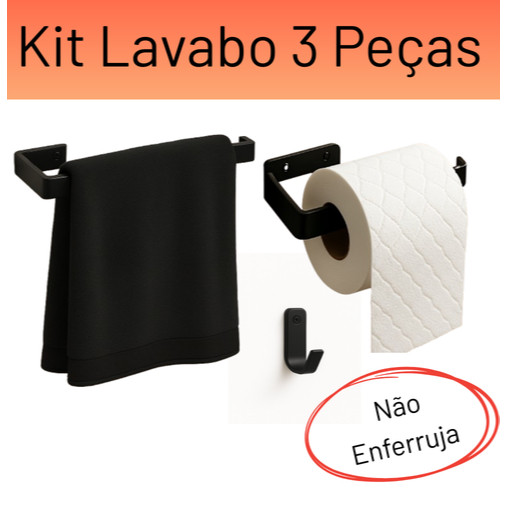Kit Banheiro 3 Peças Preto Fosco – Porta Toalha, Porta Papel e Cabideiro de Parede