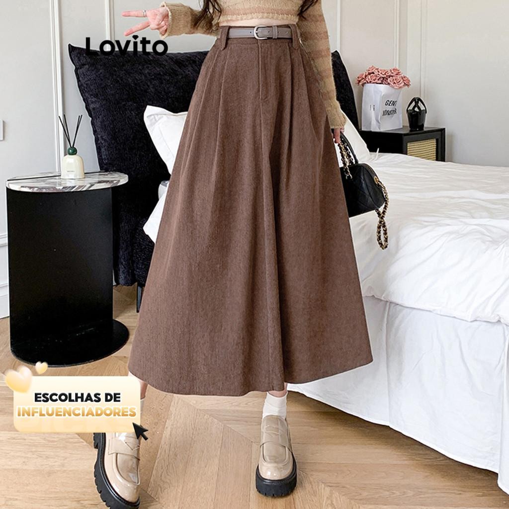 (KOL‘s pick) Lovito Saias Casuais Saias Lisas Para Mulheres LNE33239 (Marrom/Preto) em Oferta na Shopee