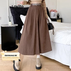 (KOL‘s pick) Lovito Saias Casuais Saias Lisas Para Mulheres LNE33239 (Marrom/Preto)