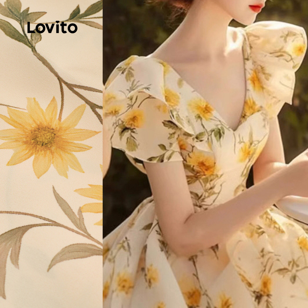 (New) Lovito Vestido Boho com Flores  Babados  Primavera/verão para Mulheres L143ED306 em Oferta na Shopee