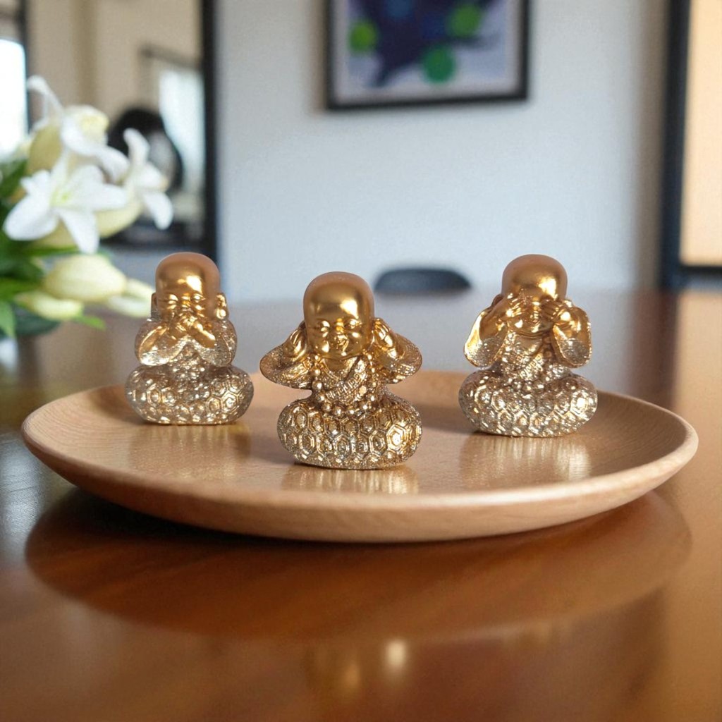 Imagem Trio de Estátuas Buda Baby Decorativo Dourado em Resina 4cm Não Falo Não Ouço Não Vejo