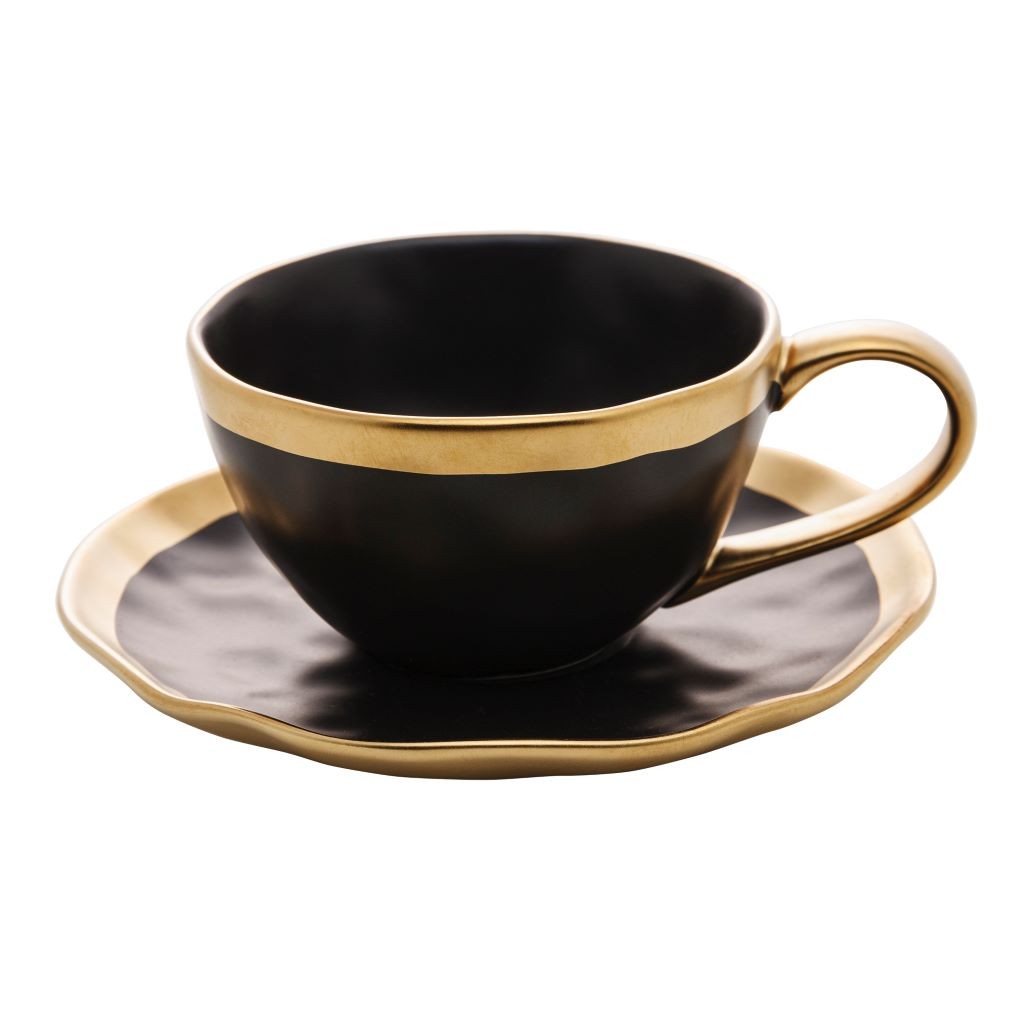 Xícara De Porcelana Café Chá Capuccino Dubai Preto Branco Dourado Com Pires Mesa Posta Ano Novo